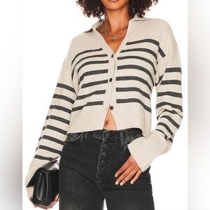 Harper Lane Striped Beige and Charcoal Button Sweater